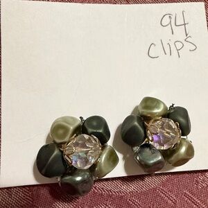 Iridescent Crystal and Olive Green Flower Clip-On Earrings